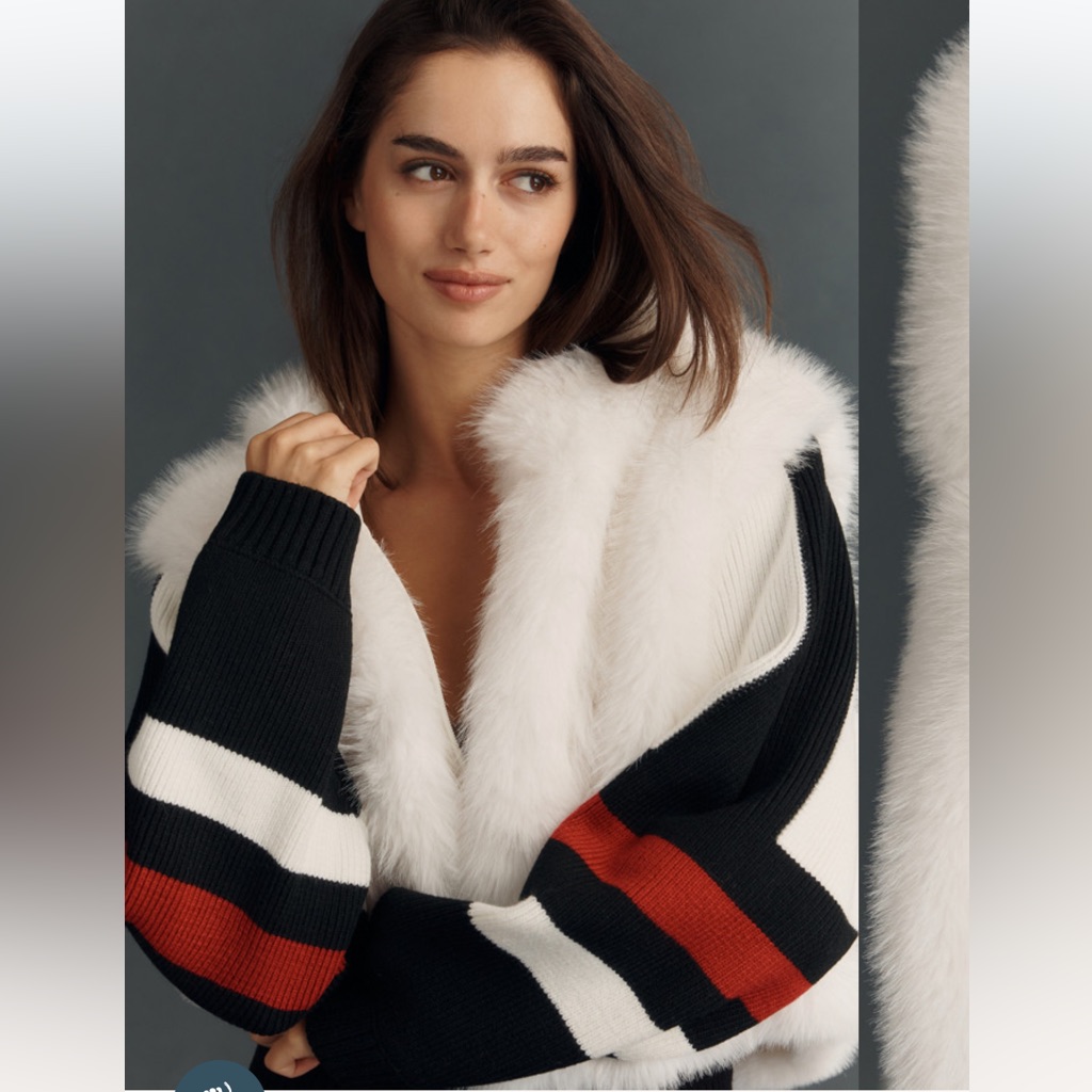 M99. New The Switch Back Fuzzy Knit Cardigan Sweater Chic Striped Faux Fur
